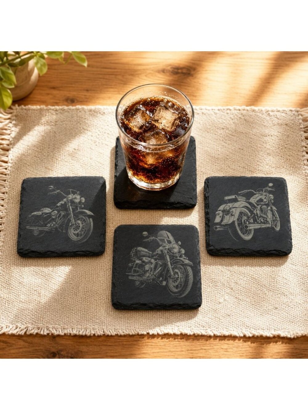 Slate Motorcycle Coasters Engraved Set of 4 Square Gray 4x4"